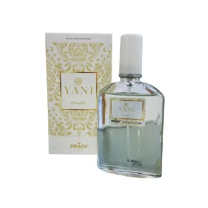 Frasco de agua de colonia de la marca Prady. Su envase es blanco y amarillo.