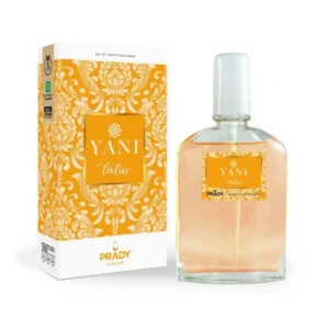 Frasco de colonia de Yani tatus de la marca Prady. El envase color naranja.