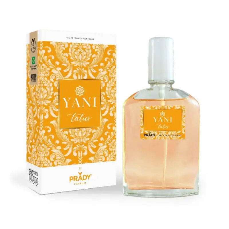 Frasco de colonia de Yani tatus de la marca Prady. El envase color naranja.